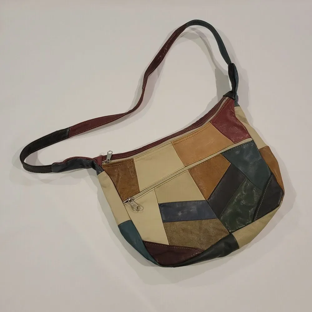 Vintage Boho Patchwork Genuine Leather Crossbody Shoulder Bag Made in Mexico
